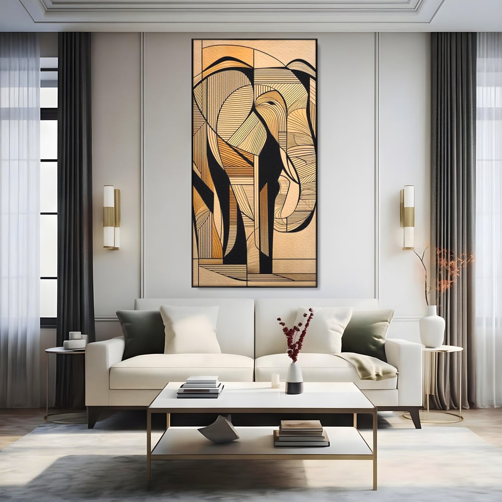 Tablou canvas cu tablou canvas cu elefant geometric, in rama de aluminiu negru, pe perete intr-un living